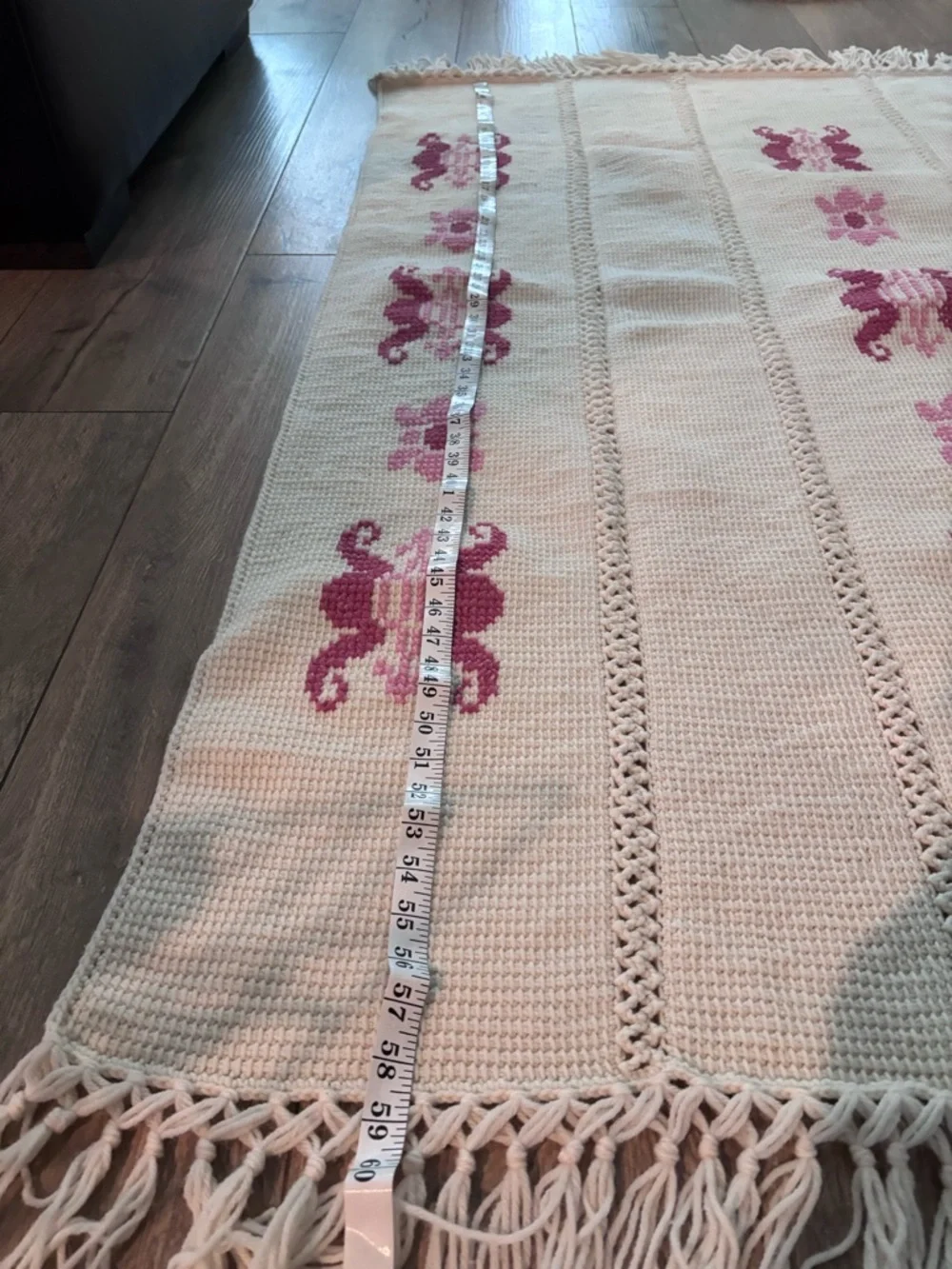Handmade Crochet Throw Blanket Cream Pink Fringe Boho Cottage Anthro Afghan